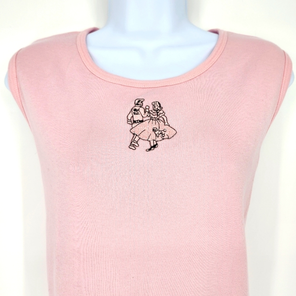 VTG LasOlas Womens Sleeveless Top‎ Size L Pink Rockabilly Poodle Skirt Patch